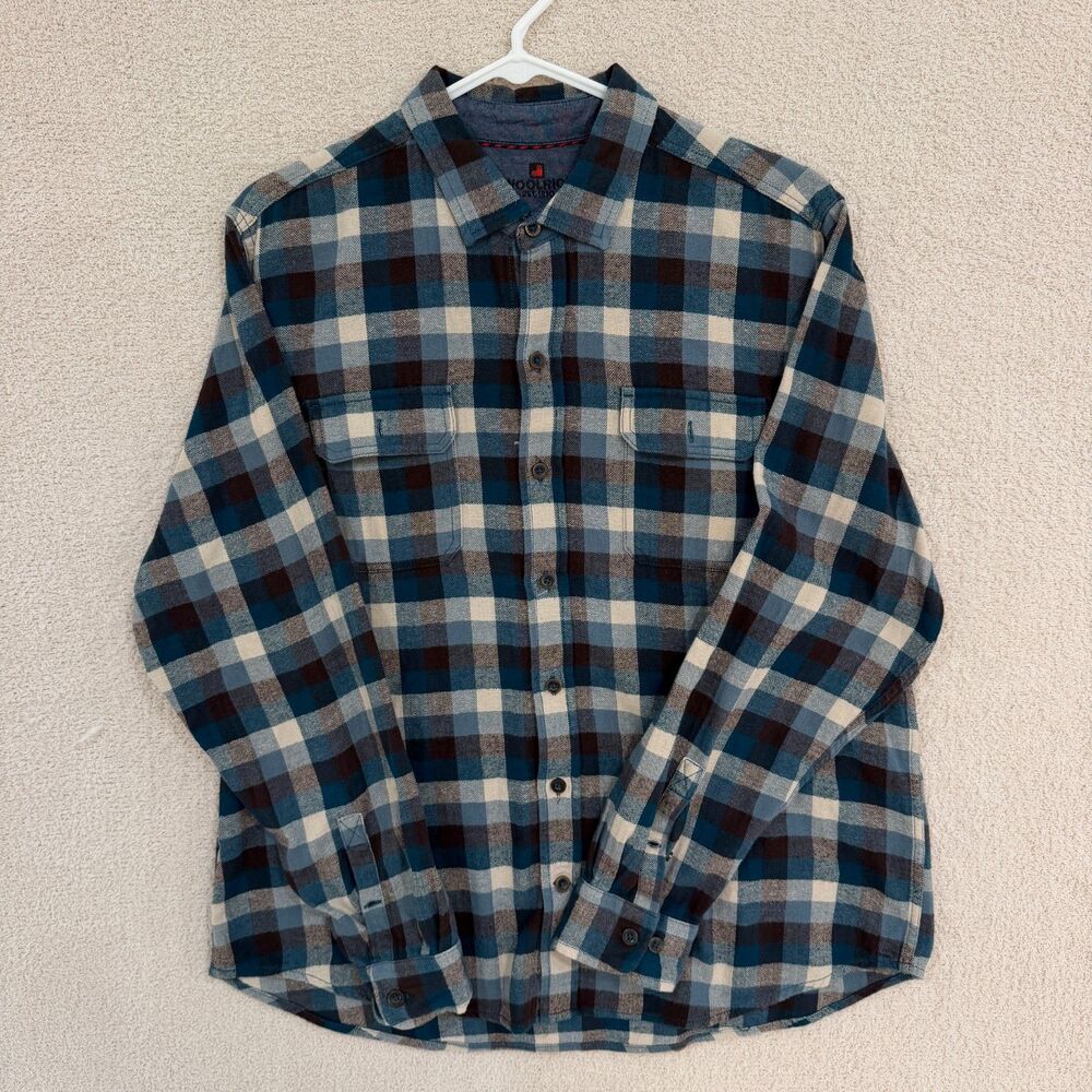 Woolrich Flannel Shirt Mens XL Blue Brown Plaid Button Up Long Sleeve Herringbon